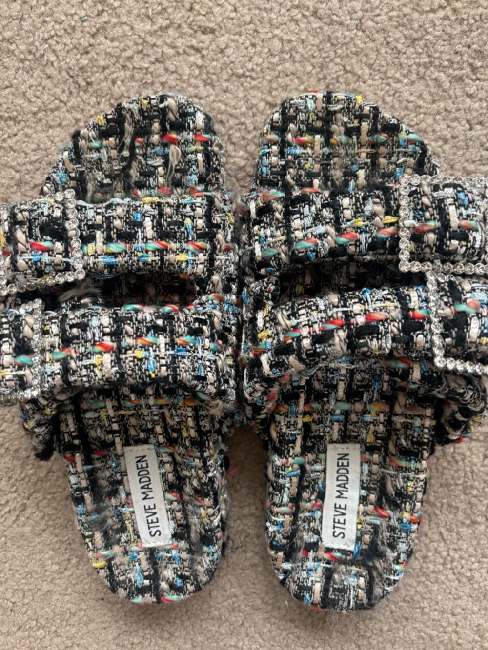Steve Madden Tweed Slide Sandals with Crystal Buckles - Black Multicolor